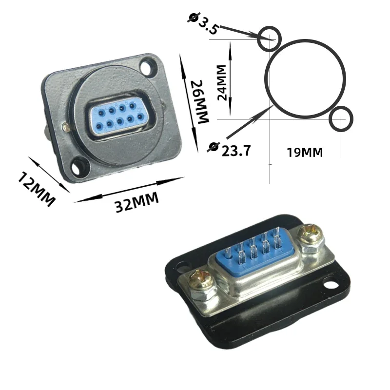 Computador fêmea soldadura comum com parafuso fixo painel, módulo conector do adaptador, cores preto e prata, D-Type, DB9