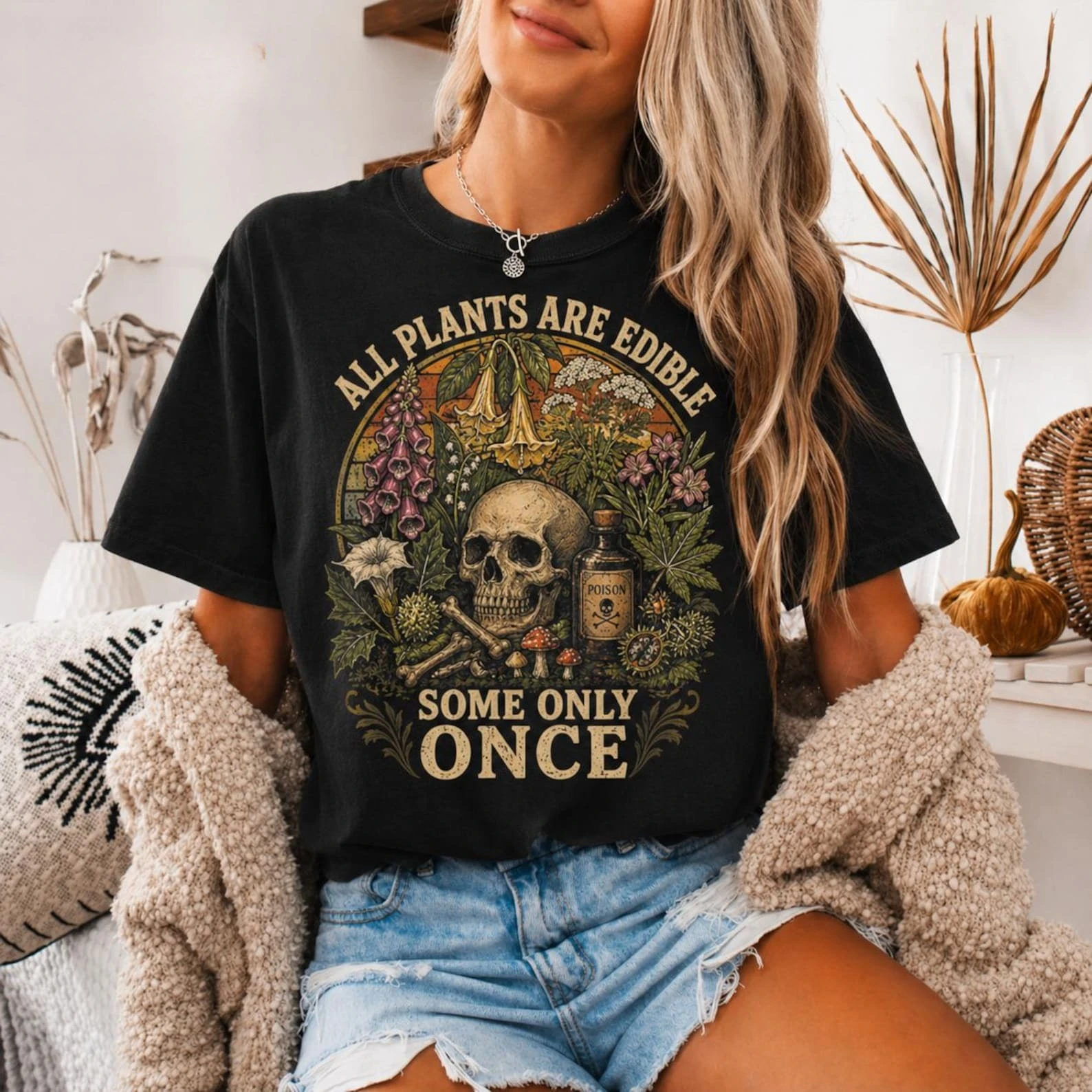 Funny Skull Plant Graphic T Shirts All Plants Are Edible Some Only Once Funny Men Women T-Shirt Vintage Plant Lover Tee Tops