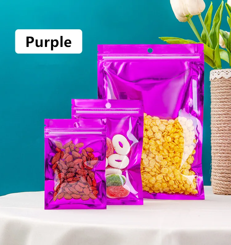 100PCS Flat Glossy Aluminum Foil Ziplock Visible Bag Clear Front Coffee Sugar Snack Chocolate Biscuit Dried Fruits Zip Pouches