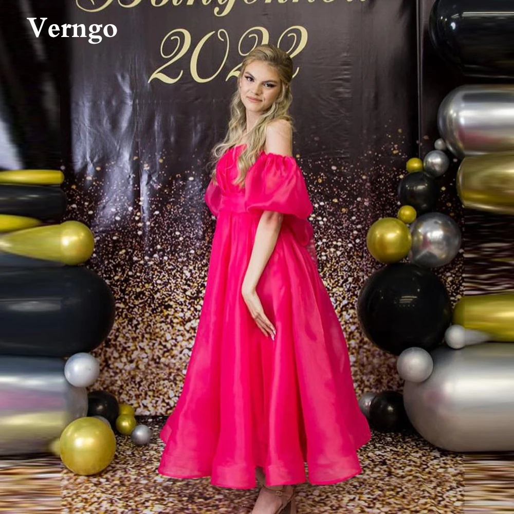 

Verngo Simple A Line Organza Evening Party Dresses Sweetheart Short Puff Sleeves Ankle Length Hot Pink Prom Graduation Gown