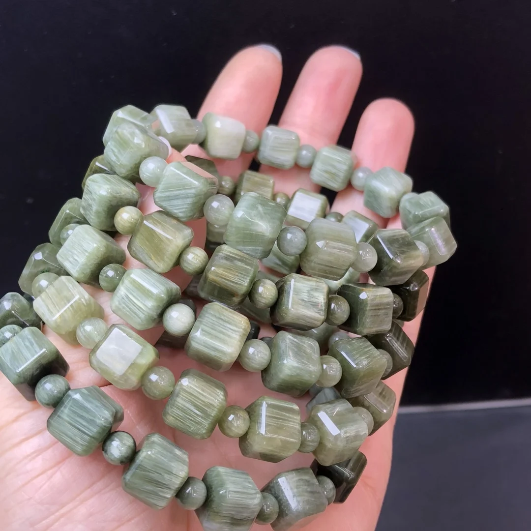 

1 Pc Fengbaowu Natural Green Rabbit Hair Crystal Quartz Bracelet 8MM Cube Beads Reiki Healing Stone Jewelry For Women
