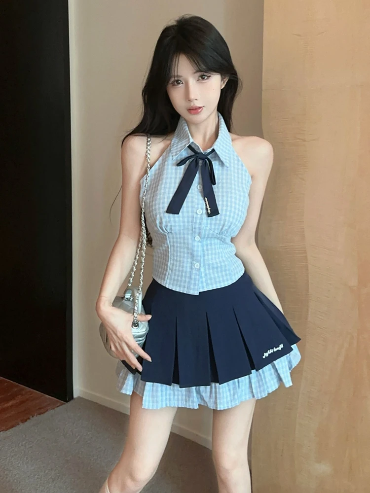 

Retro Plaid Bow Tie Sleeveless Shirt And A-Line Skirt Uniform Set for Young Girls Fashionable Casual College Style