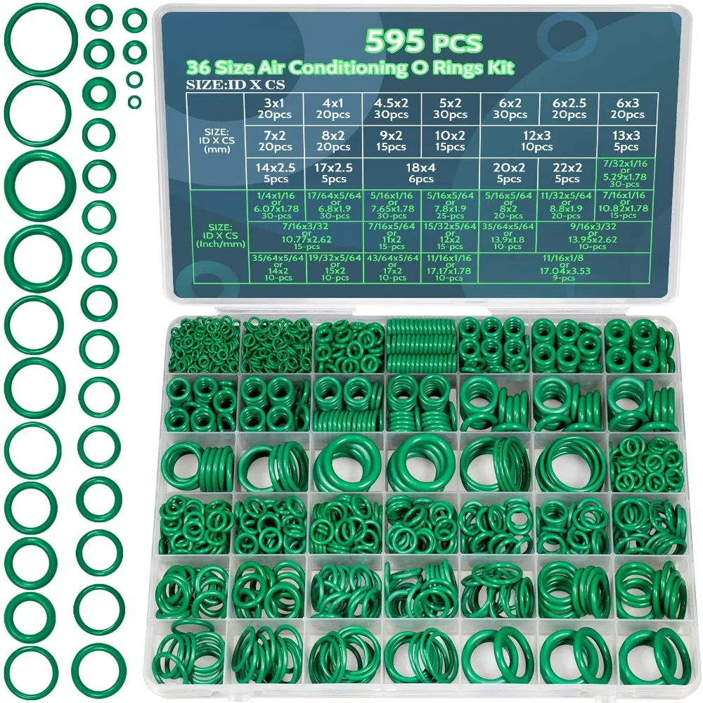 595 Pcs Air Conditioning O Ring Kit 36 Size Seal Rubber O-Rings Assortment Set for Compressor Automotive A/C Plumbing Repair