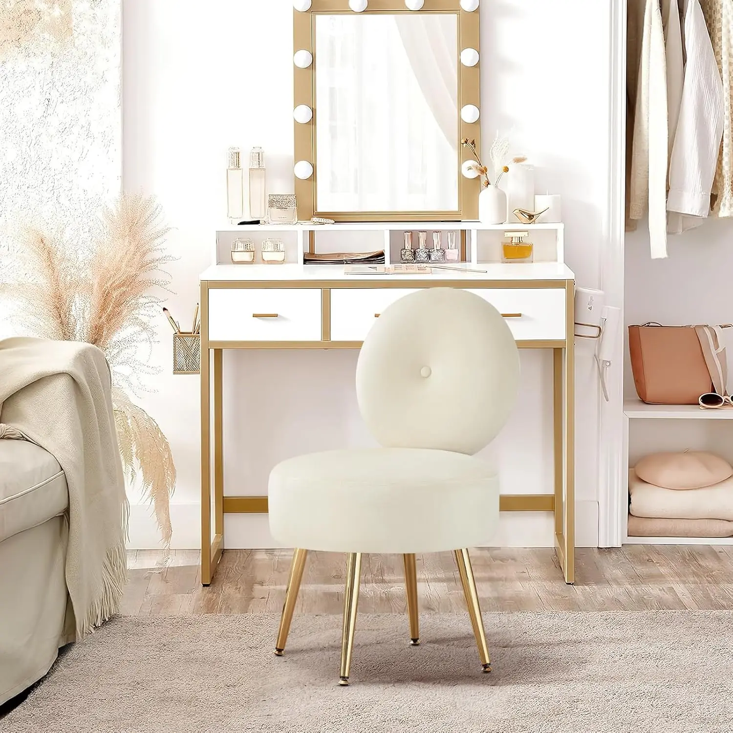 Armless Dressing Room Vanity Chair, Velvet Dressing Stool with Backrest, Living Room Chair with Solid Metal Legs, Khaki