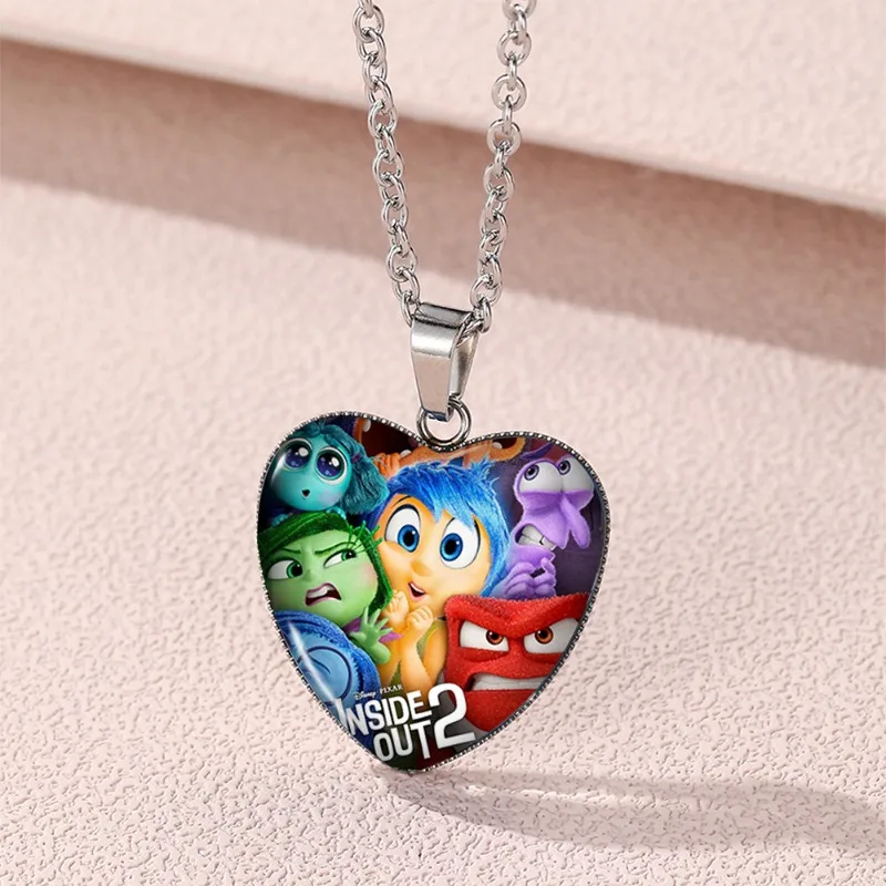 

Disney Inside Out 2 Anime Necklace Movie Peripherals Cartoon Joy Sadness Anger Children's Heart Shape Glass Necklaces for Kids