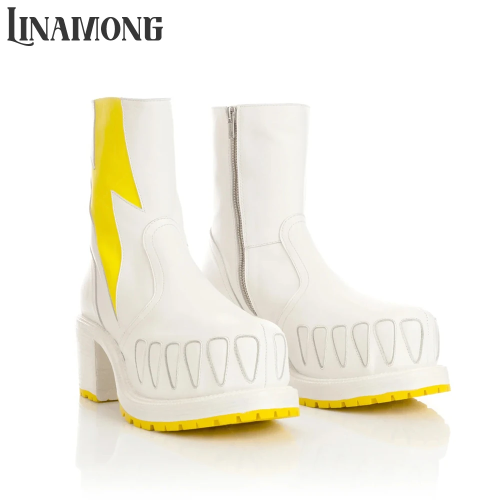 

Бело-желтые ботильоны с пламенным принтом Роскошные дизайнерские ботильоны с круглым носком на массивном каблуке Полноразмерные ботинки на молнии Мужские ботинки из искусственной кожи