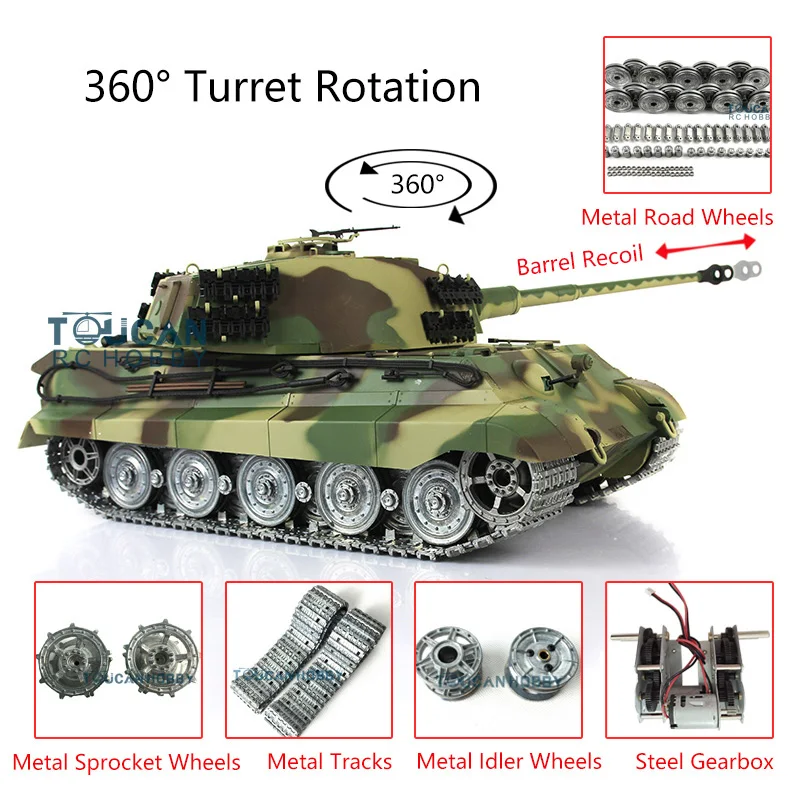 1/16 Professional Ver HENG LONG 7.0 Customized King Tiger RC Tank 3888A Metal Wheels Barrel Recoil Toucan Vehicle TH17529-SMT8