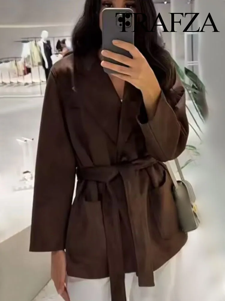 

TRAFZA Women's Fashion Coats Solid Turn-Down Collar Long Sleeves Pockets Belt Single-Breasted Female Autumn Casual Loose Jacket
