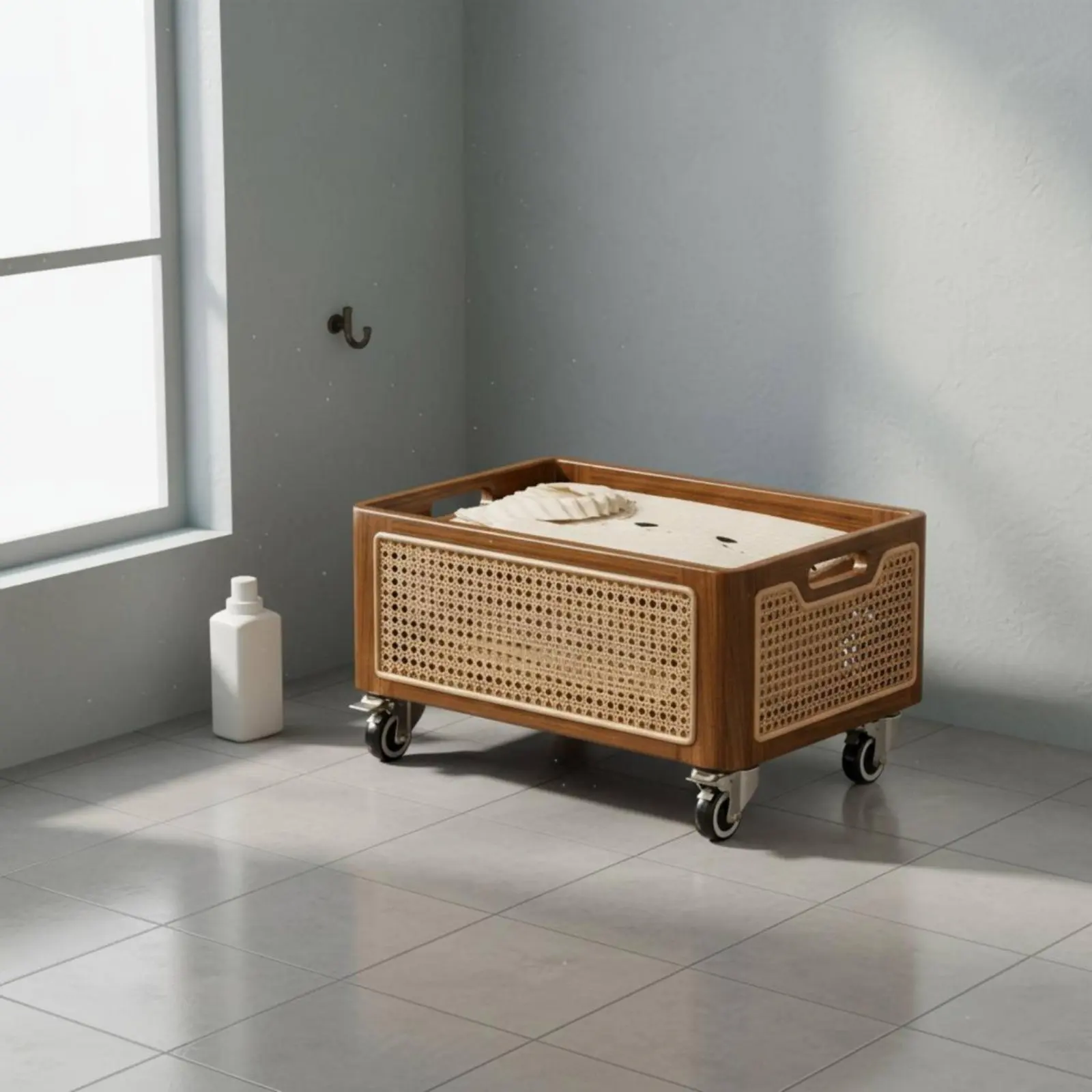 

Wooden Laundry Hamper Space-Saving Rolling Laundry Basket Home Storage Removable Wheels Woven Front Panel for Bathroom