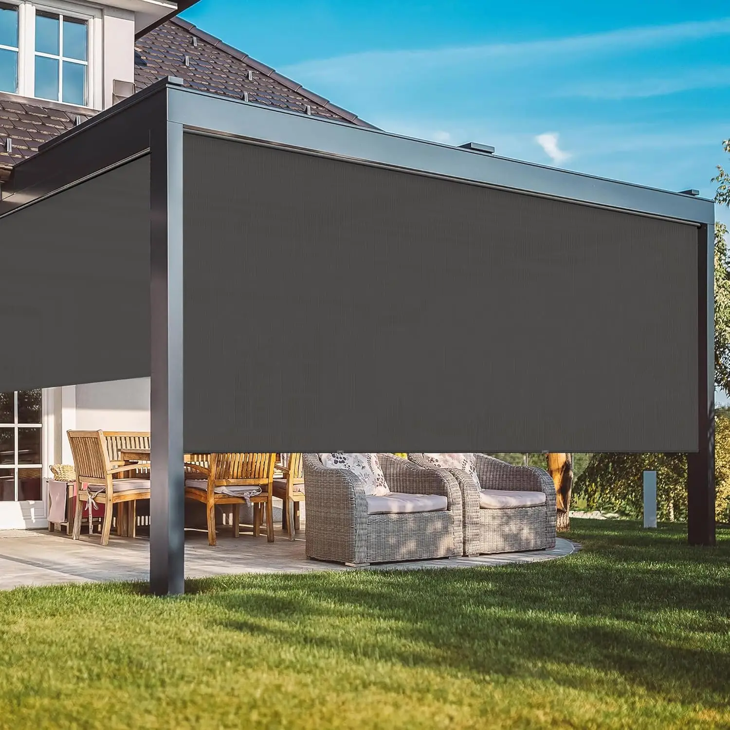 Electric Motorized Modern Outdoor Bioclimatic Pergola with LED Light Louver Windproof Waterproof Fabric Customized Sizes