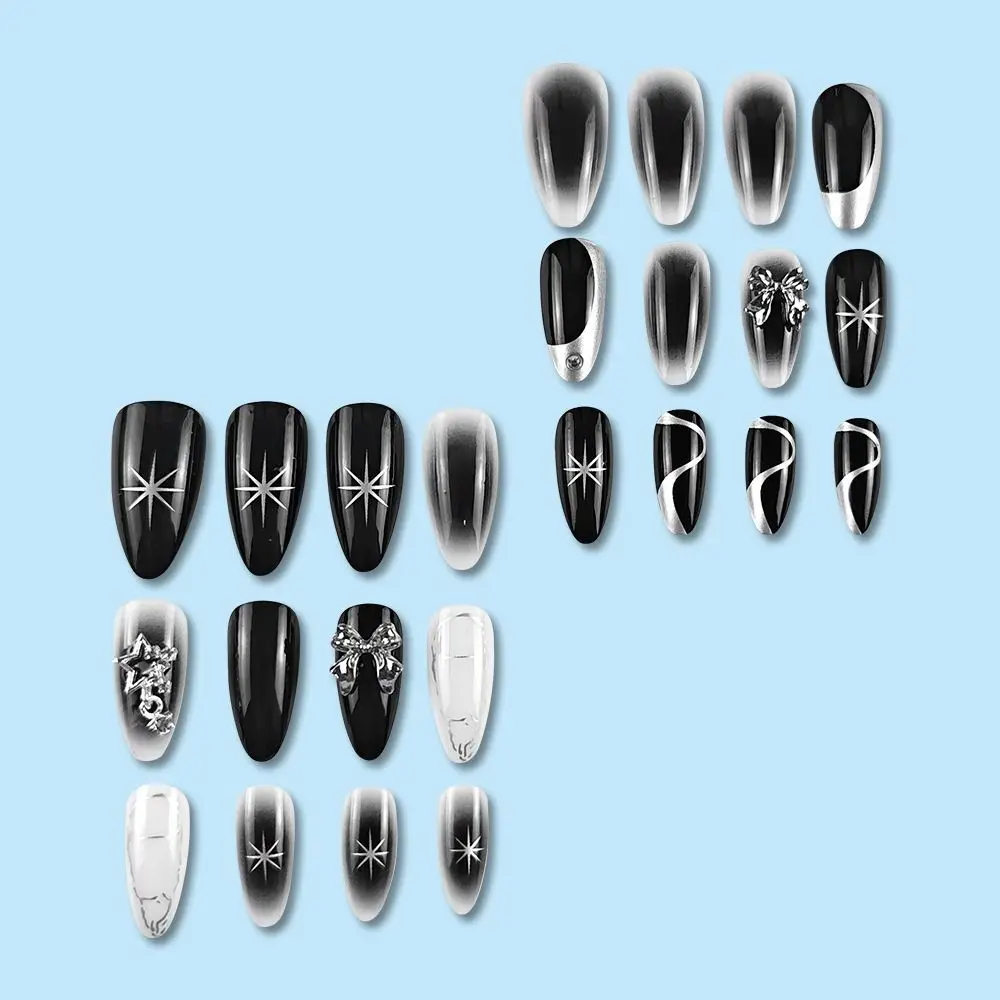 24pcs Manicure Long Almond False Nails Flowers Silver Butterfly Star Fake Nials Detachable Black Press on Nails DIY