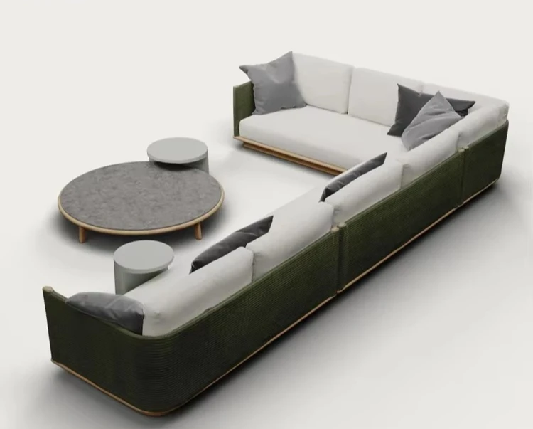 & Modern Outdoor Garden Teak Frame Rope Woven Durable Leisure Courtyard L-Shaped Backrest Sofa Set