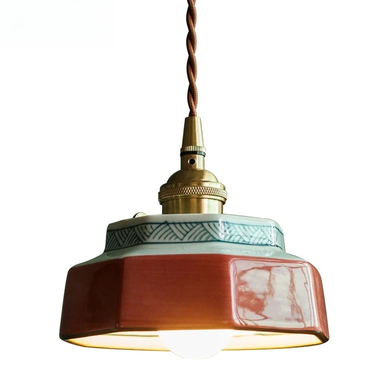 Retro Vintage LED Pendant Lights Painting Ceramic Copper Hanging Lamps Art Home Decoration Living Dining Room Bedroom Chandelier