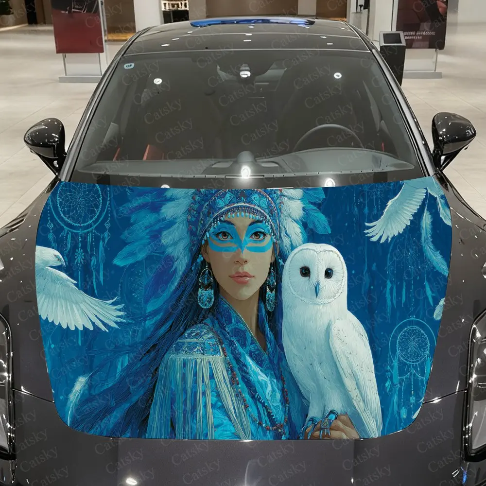 Enchanting Native Woman Owl Auto Hood Sticker, Car Cover Decal, Waterproof and Self-adhesive Auto Vinyl Wraps, Car Exterior Deco