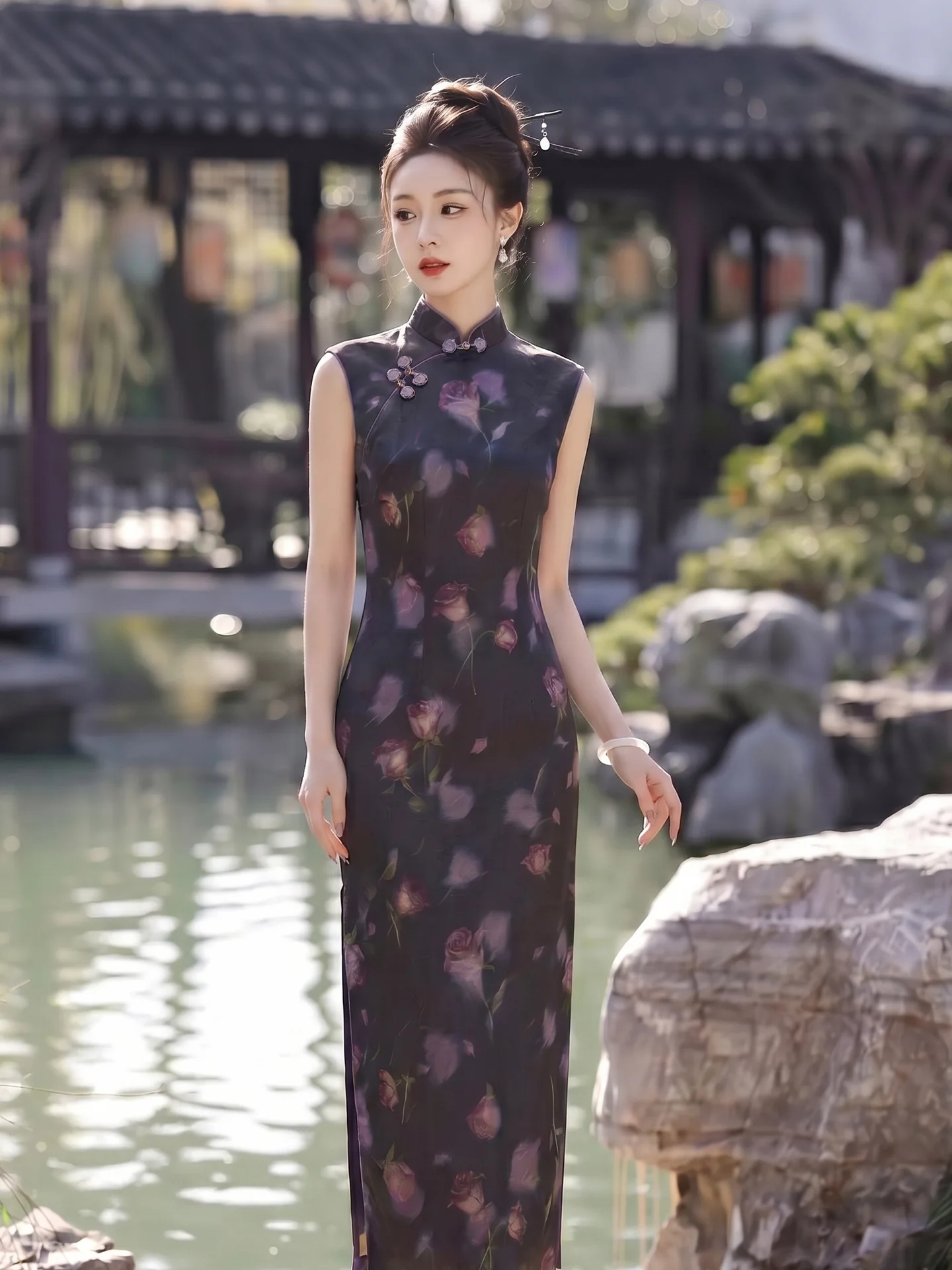 

Chinese Style Suzhou Sleeveless Long Cheongsam Improved for Young Women's Summer Stand Collar Qipao
