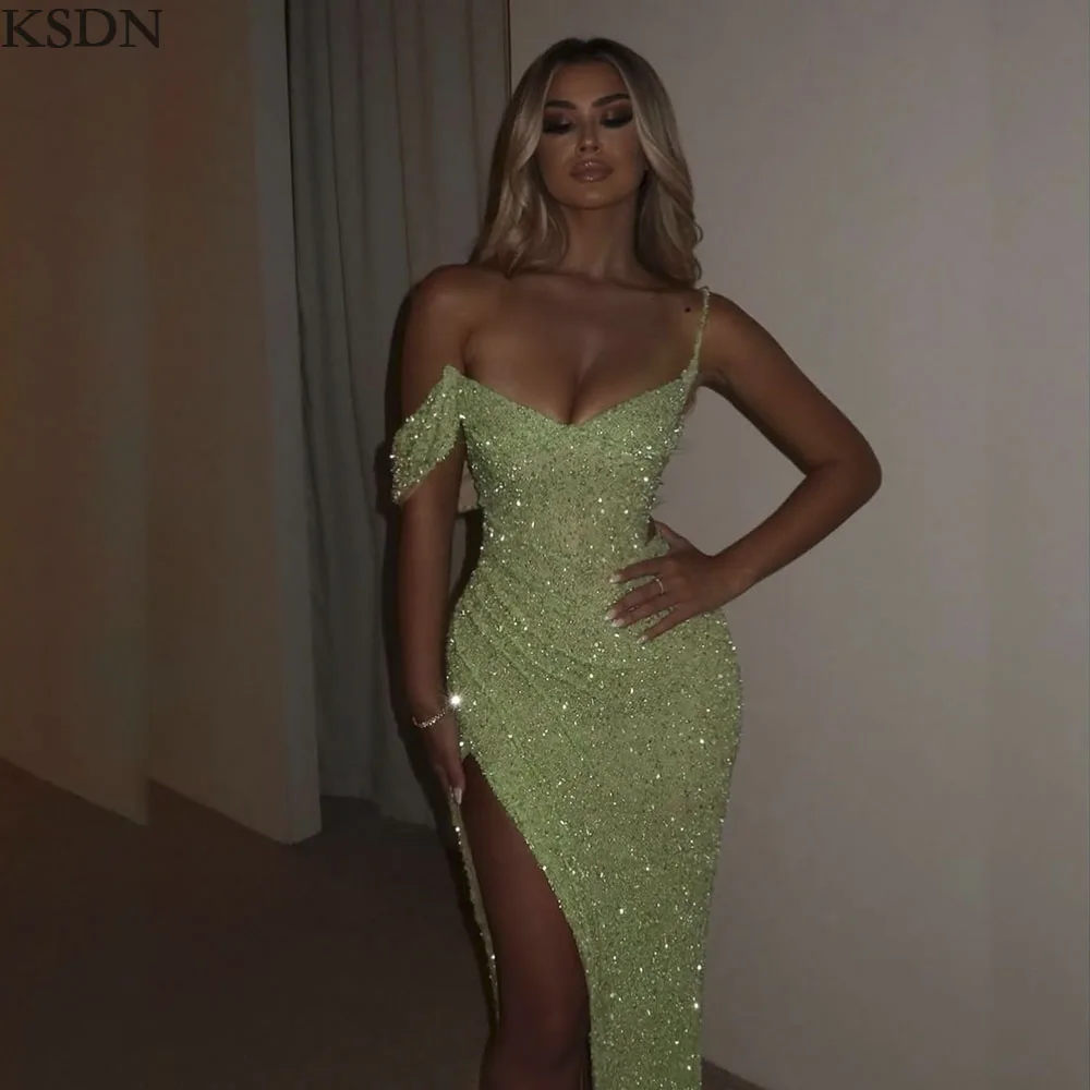 

KSDN Sexy High Split Evening Dresses Customzied Spaghetti Strap Sleeveless Dress Special Occasion Beach Party Gowns Vestidos