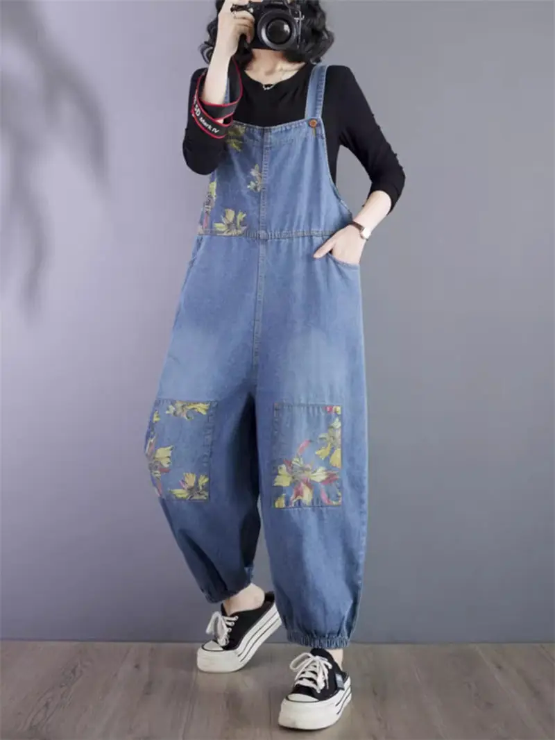 2024 Spring Summer New Artistic Printed Jeans Fashion Harem Pants Loose Big Size Casual Strap Denim Jumpsuit For Women K304