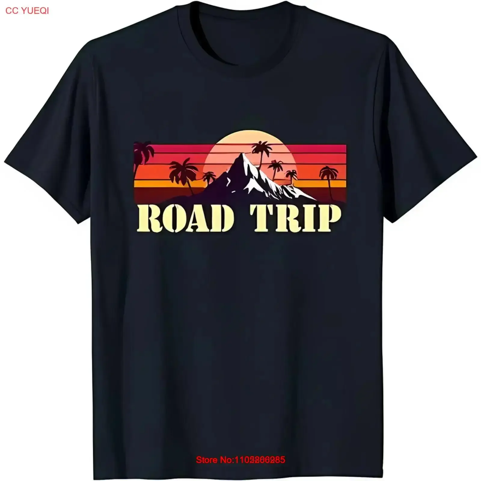 Black T Shirt with Retro 'Road Trip' Mountain Range Trees Sunset Desig vintage Washed Comfortable designer clothes Soft
