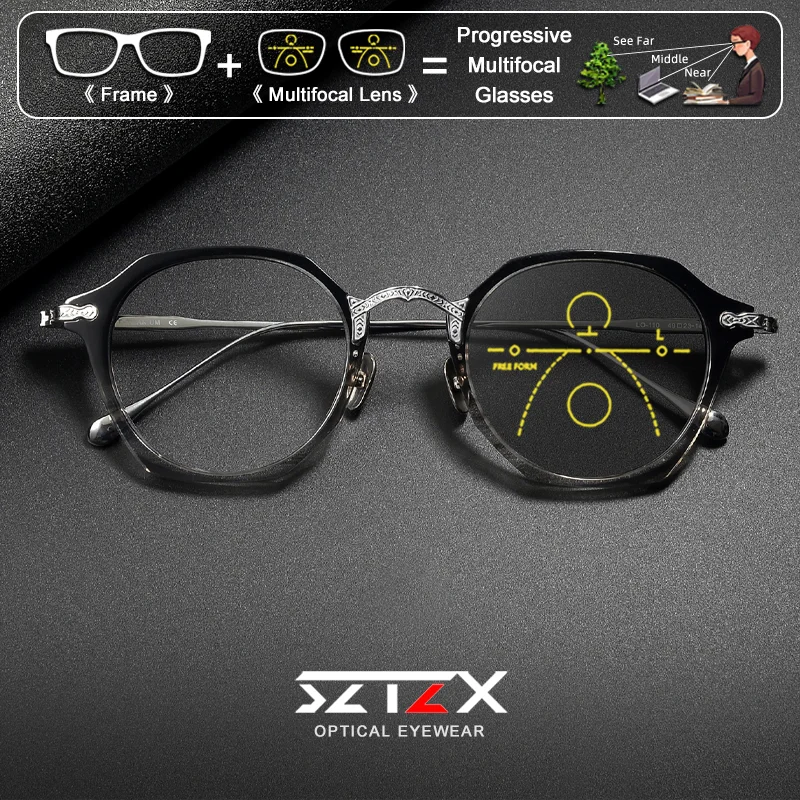 

SZTZX Business Men Polygonal Design Photochromic Prescription Glasses Pure Titanium Small Frame Anti Blue Ray Multifocal Eyeware