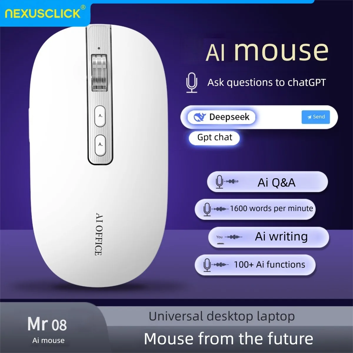 

NexusClick AI Smart Wireless Mouse 2.4G Bluetooth Dual Mode Rechargeable 1600 DPI Adjustable AI Voice PPT Control for Laptop PC