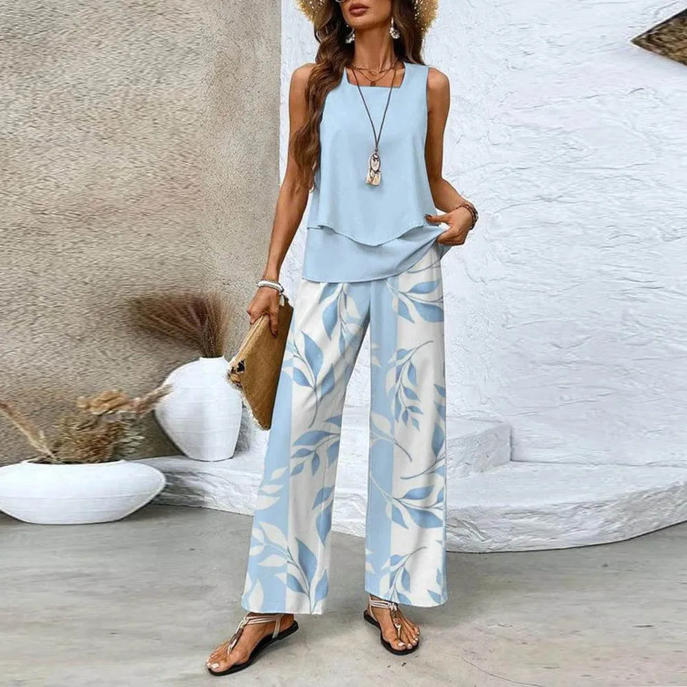 Dwuczęściowy garnitur damski 2024 Summer Stripe Sleeveless Pullove Top and Wide Leg Pants Outfits Fashion Mujer Square Collar Sets