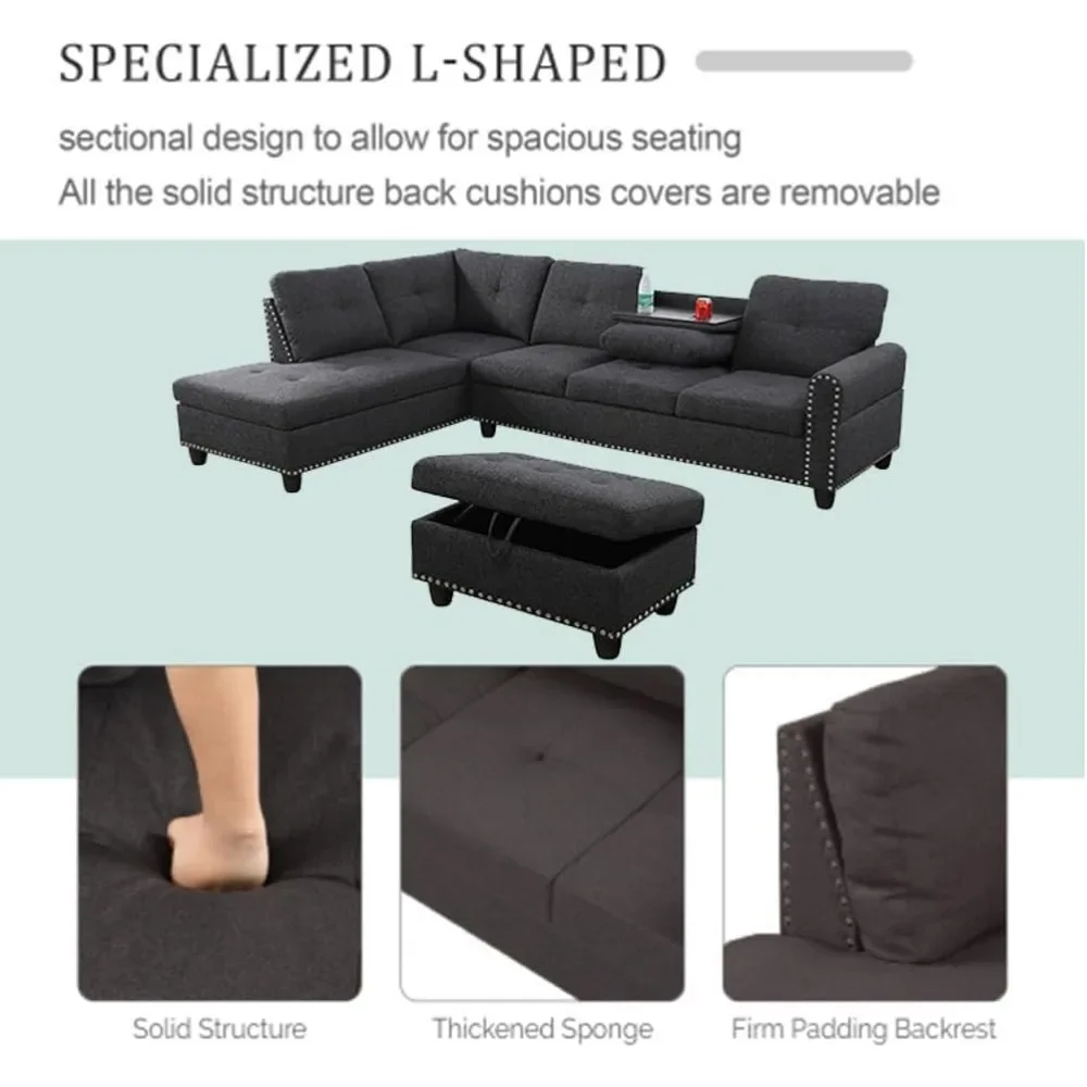 Sectional Sofa with Ottoman Nail-Head Design Linen Right Facing Modern Couches with Cup Holder L Shaped Sectional Sofa image 4