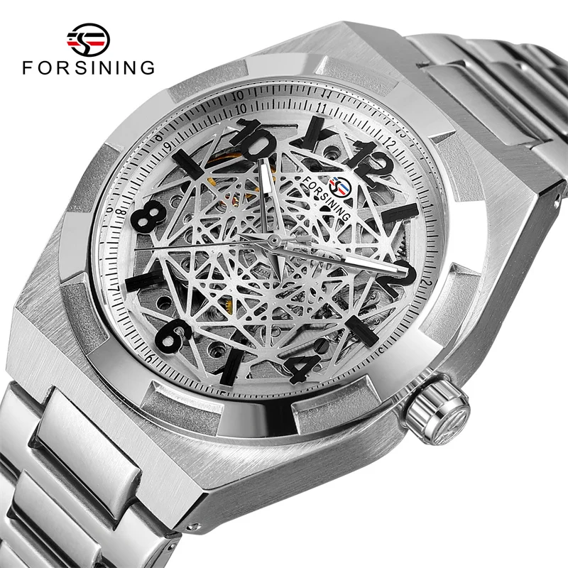 Fashion Forsining Top Brand Mechanical Full Stainless Steel Watch Skeleton Design Automatic Man Hand Waterproof Reloj De Hombre