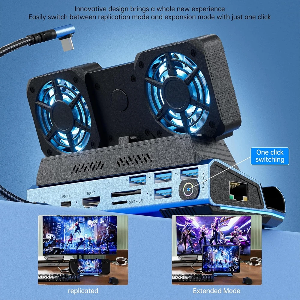 Steam Deck OLED i ROG Ally X 10 w 1, wyjmowane podwójne wentylatory chłodzące, 4K przy 60 Hz, 4 porty USB, ładowanie PD 100 W, port Gigabit Ethernet — zdjęcie produktu 6
