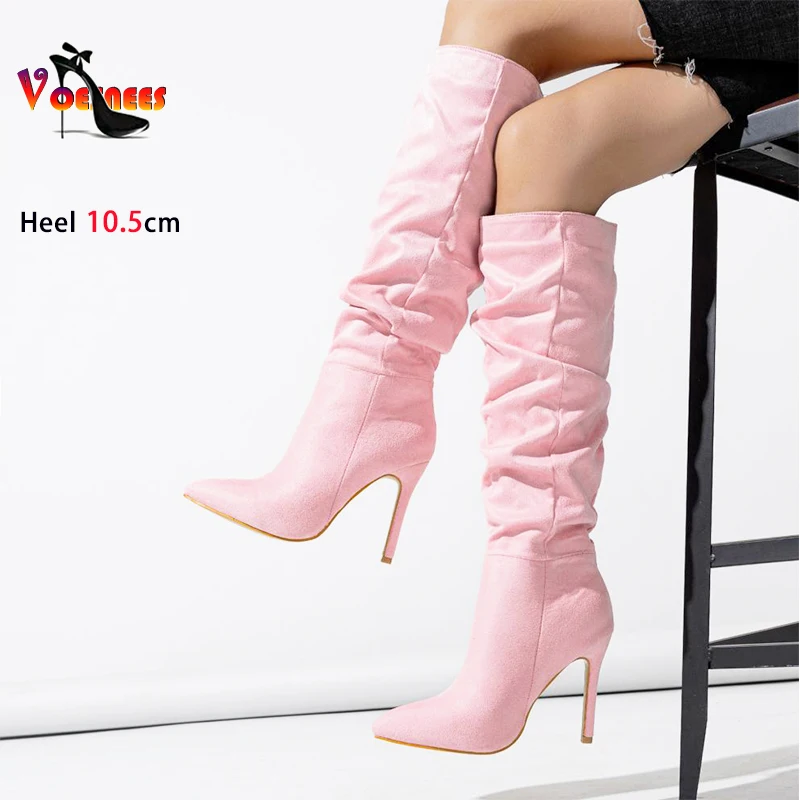 Long Boots Women Pointed Toe Party Shoes 2024 New Pleated Woman Knee-High Boots 10.5CM Pink Suede Slip On Thin Heels Botas Mujer