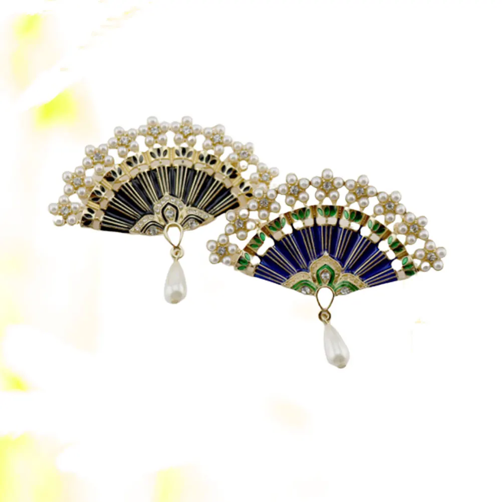 

2pcs Fan Brooch Pin Rhinestone Pearl Breastpin Elegant Accessories For Women Girls Daily Wedding Party Dress Hat Scarf Gift Blue