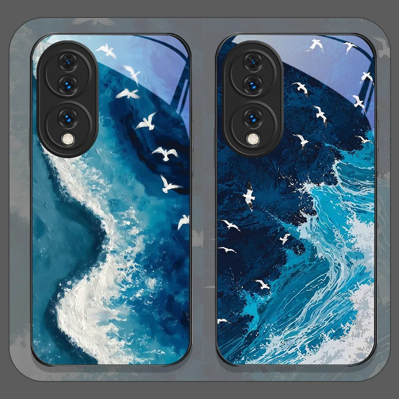 Coque de téléphone en verre trempé imprimé vague océanique bleue pour l'été, compatible Huawei Nova 13 Pro 12 11 SE 10 P60 Lite Mate 40 50 60