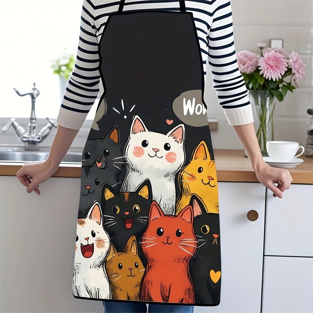 Tablier en polyester à motif de chat mignon, chats de dessin animé vibrants avec coeurs et étoiles, tablier de cuisine pour la cuisine, la pâtisserie, la décoration de la maison