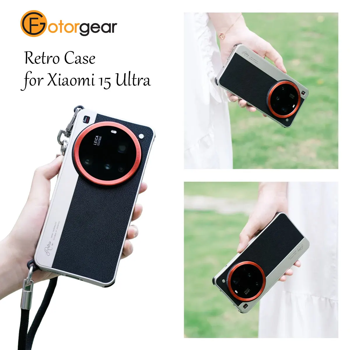 حافظة هاتف Fotorgear 17 ملم/T-mount Retro لهاتف Xiaomi 15 Ultra مع حافظة مصراع ميكانيكية بحبل حذاء بارد