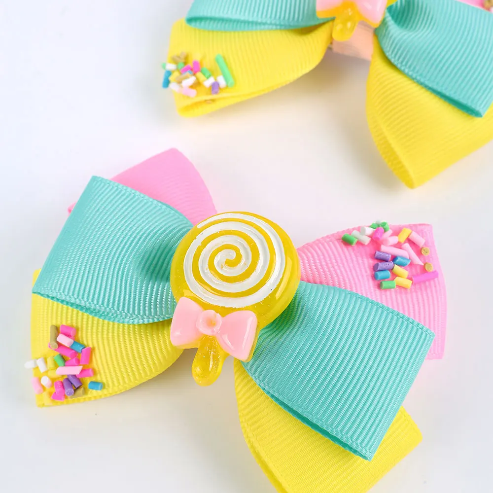 2Pcs Lollipop Hair Bow Clip Cute Candy Girls Rainbow Hairpin Ribbon Bowknote Headwear Toddler Barrettes Girls Hair Accessories