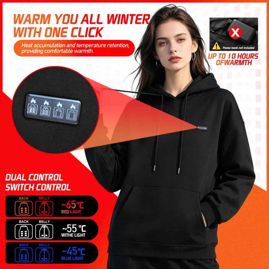 Unisex Pullover Heated Hoodie USB Rechargeable Full Body Heating Zones Electric Thermal Warm Fleece Lined Hooded Sweatshirt Wint - view 2
