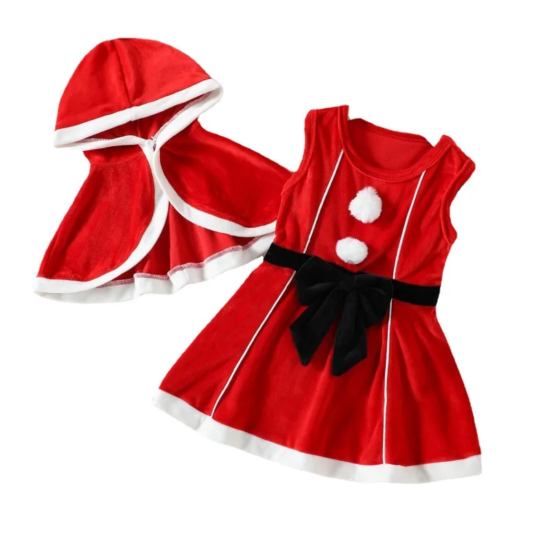 2026 Christmas Baby Girls Cute Red Hooded Cape Bow Vest Skirt Two-Piece Set Festival Theme Party Role Playing Outfits
