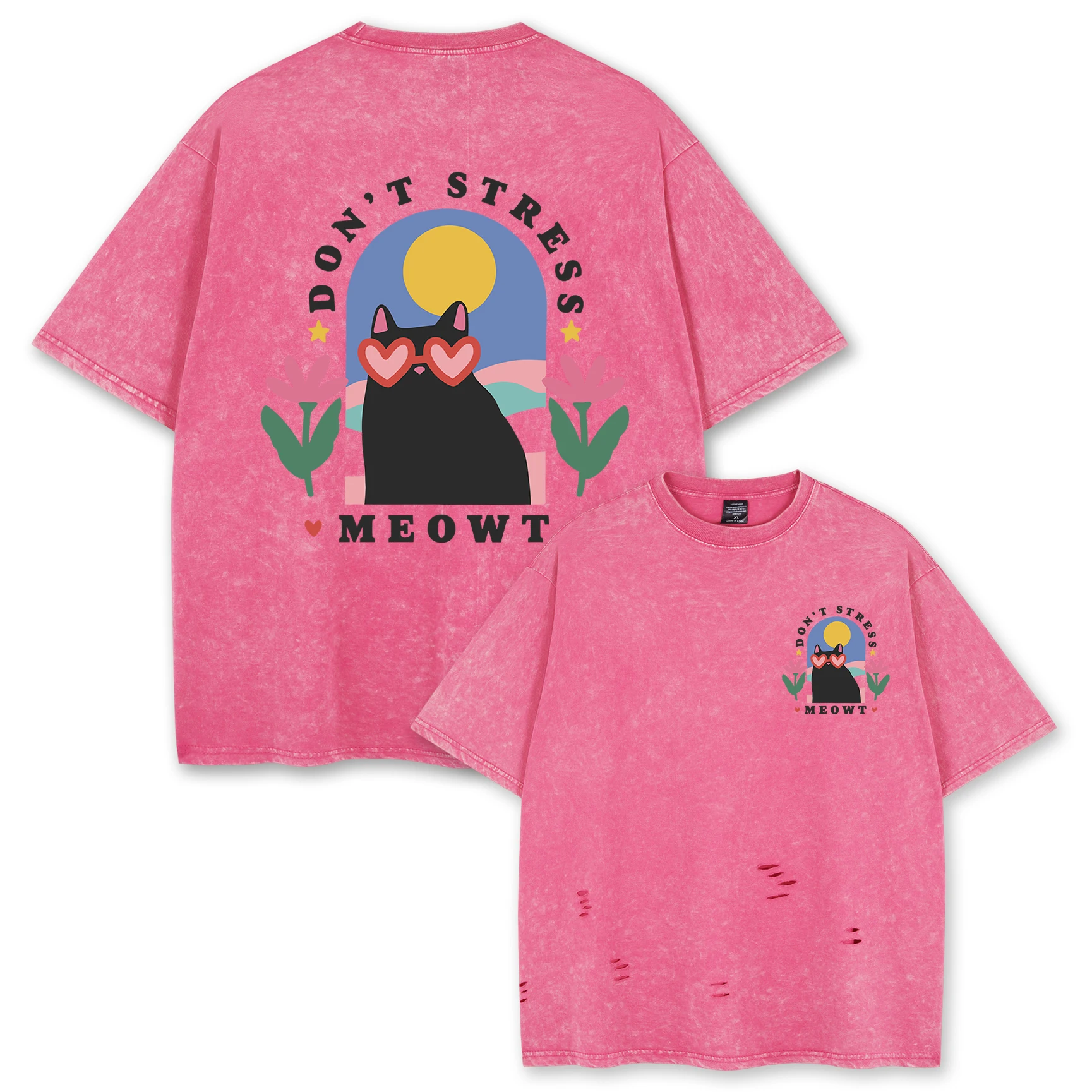 

Don'T Stress Meowt Prints Женские футболки Snow Wash Хлопковая футболка с крутыми отверстиями в стиле хип-хоп с короткими рукавами и круглым вырезом Новый топ унисекс