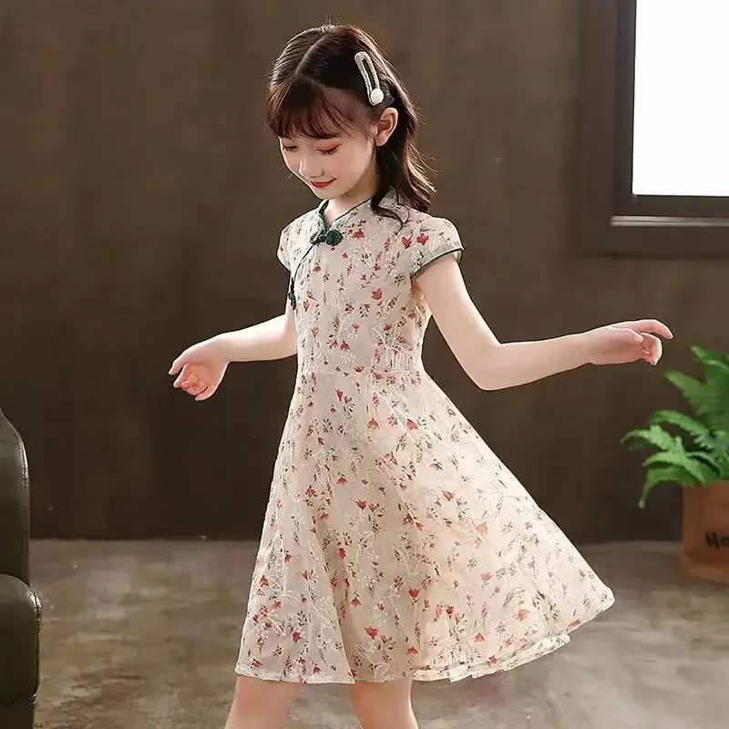 Fashion Baby Girl Dress Summer Casual Kids Chiffon Cheongsam Dresses Children Princess Chinese Style Vestido Teen 6 8 10 12 Year