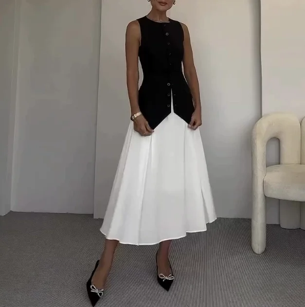 

Women's Long Skirt Set Summer New French Elegant Style Solid Color Round Neck Button Front Sleeveless Vest A-Line Skirt Set