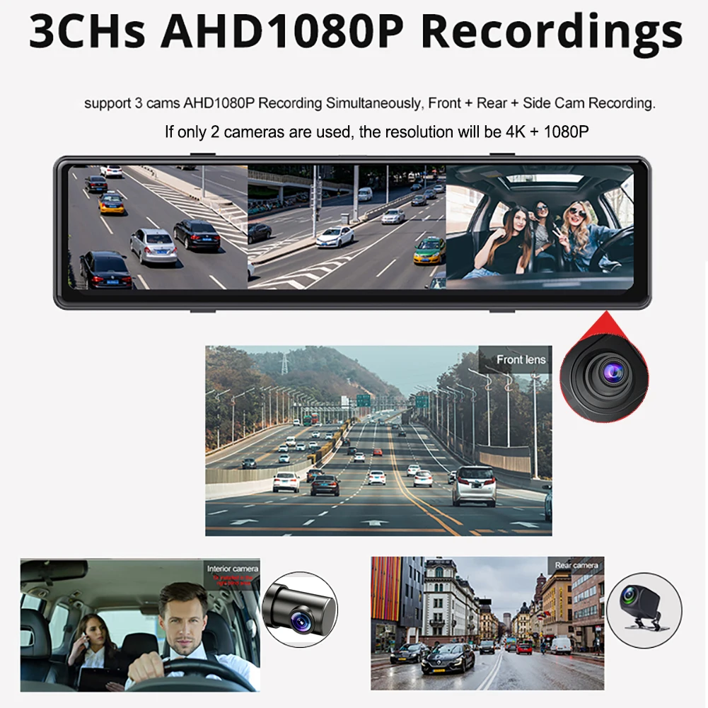 3 Cameras Dash Cam 1080P Car Mirror Video Recording Carplay & Android Auto Wireless Connection WiFi Miracast GPS Navigation DVRs