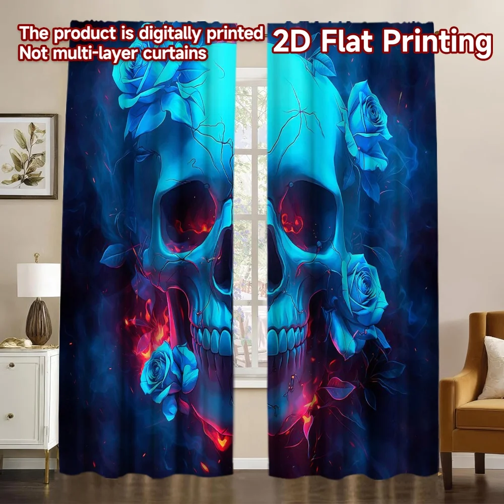 2D FLAT PRINTING 2 Stück Vorhänge (ohne Stange) Blaue Rosen und Flammen Moderne Vorhänge Rollos Polyester Einfach zu installierende Vorhänge
