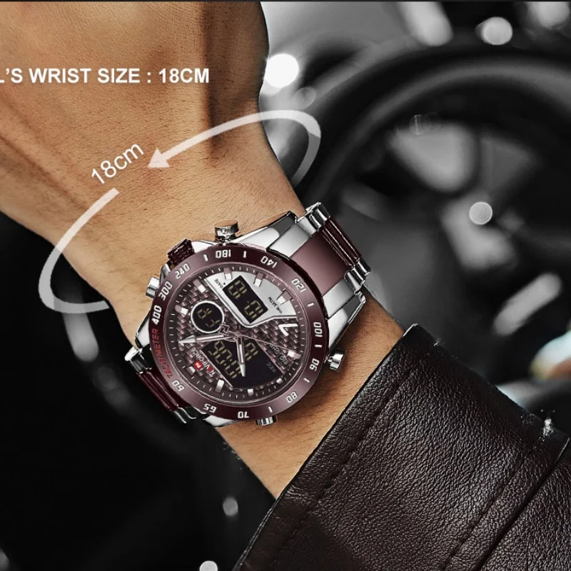 NAVIFORCE Men‘s New Analog Digital Watch 3ATM Waterproof Luminous Date Week Stainless Steel Sport Outdoor Wristwatch Gifts Box - view 2
