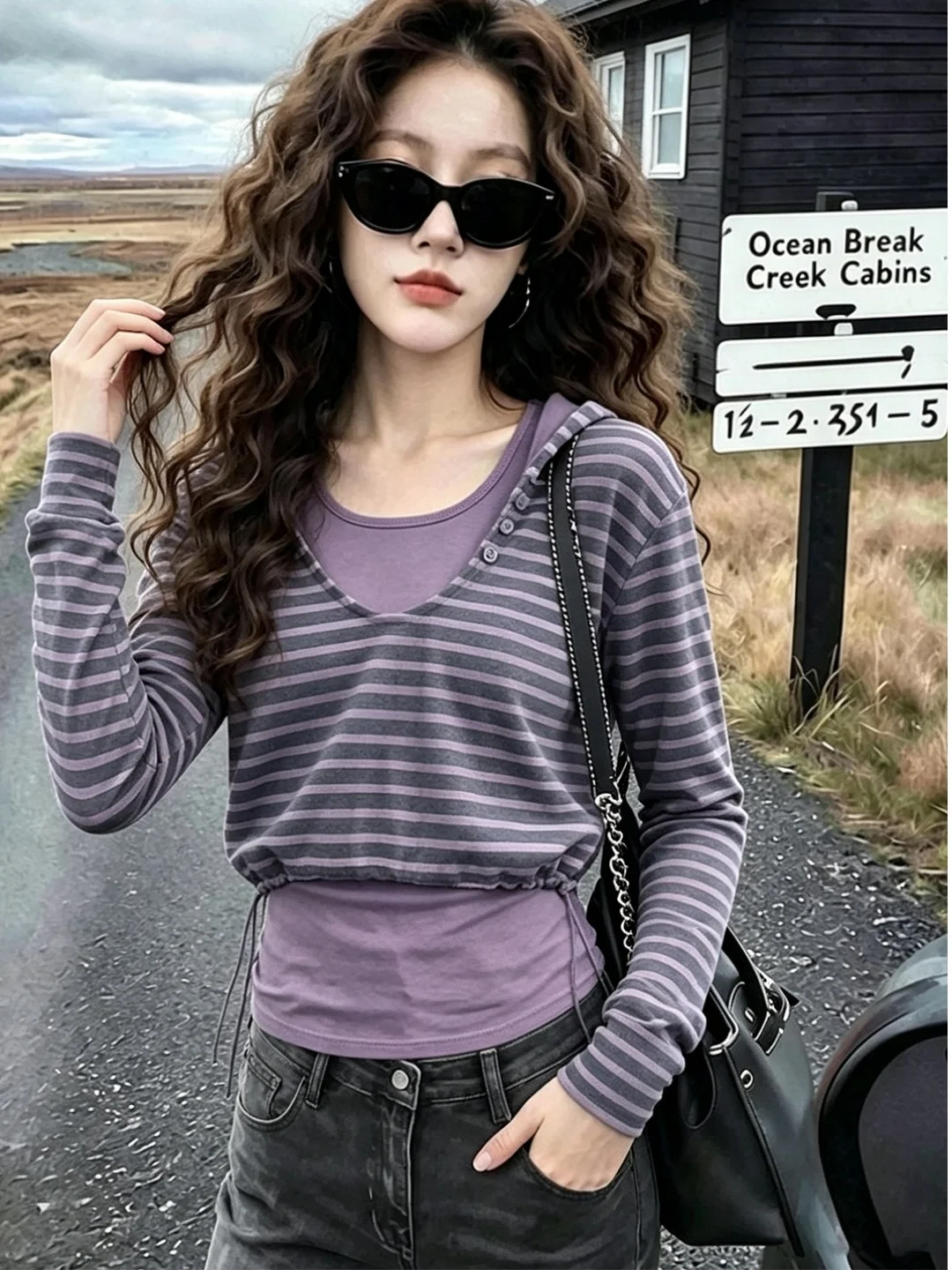 Unique Design Purple Striped Long Sleeve Women's Hoodie Slim Fit Casual Style Comfortable Warmth Fashionable Autumn Top
