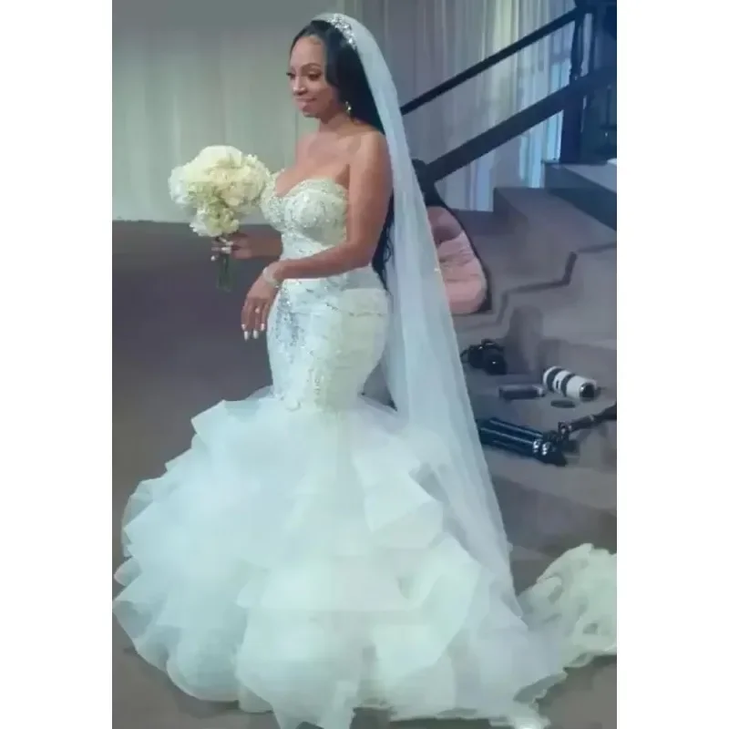 Customized Sweetheart Organza Beads Mermaid Wedding African Tiers Fitted Lace Country Applique Bridal Gown Train Bride Dress