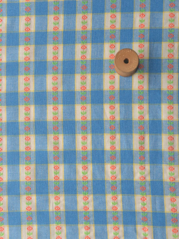 Orange Floral Blue and White Check Cotton Linen Fabric for DIY Summer and Autumn Cardigans, Shirts, Dresses and Skirts 140x50cm