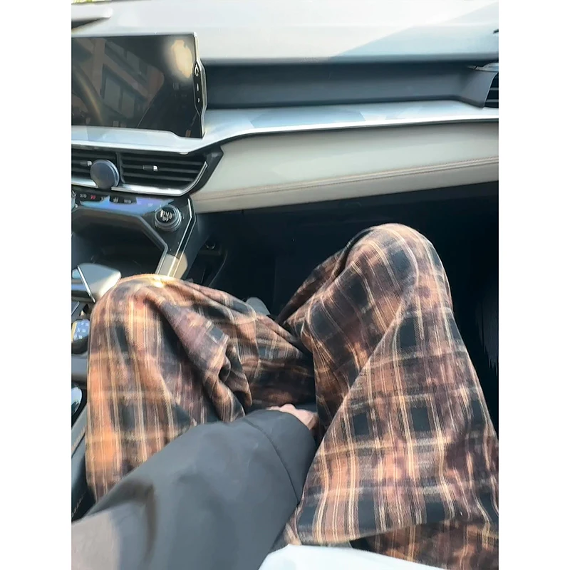 Autumn Casual Pants Men Fashion Retro Plaid Pants Men Japanese Streetwear Hip-hop Loose Wide Leg Pants Mens Vintage Trousers