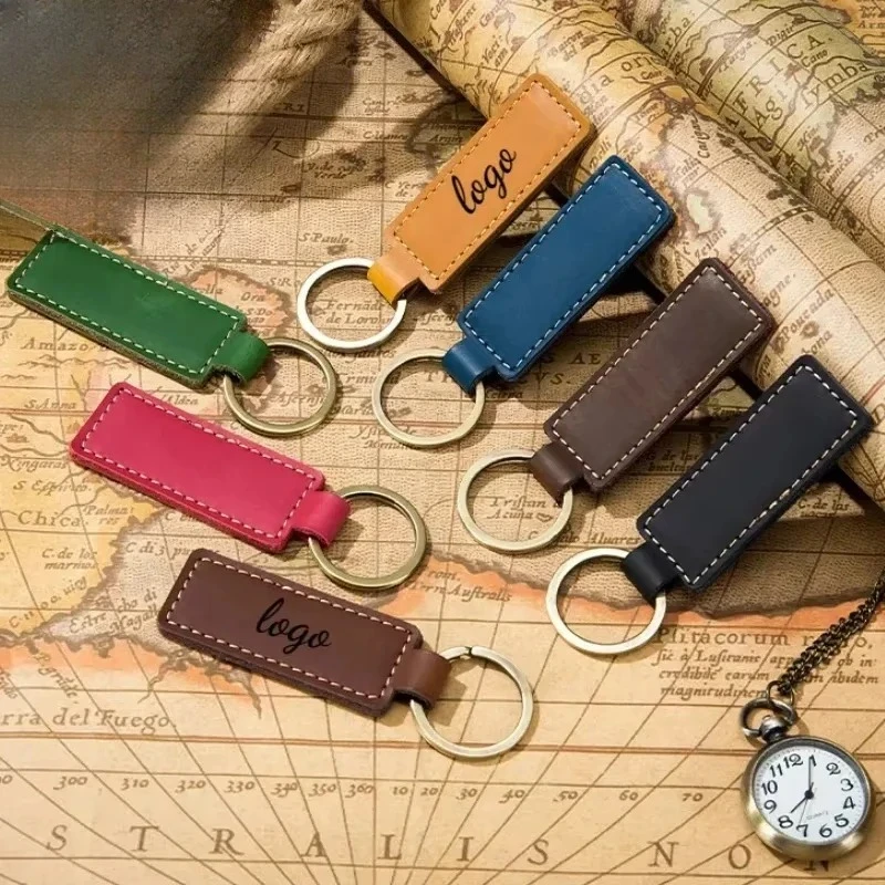

Vintage Custom LOGO Cowhide Genuine Leather Keychain Personalize Name Ring Key Chains Men Women Laser Dermis Keyring Hotel Gift