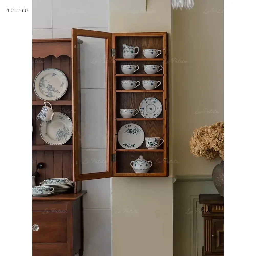 Retro solid wood wall-mounted linear shape 6-layer storage rack Home cafe display rack Teacup plate decorative rack