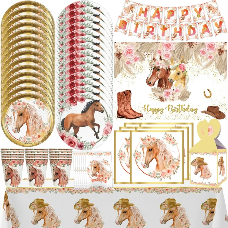 New Horse Birthday Party Decoration Supplies Set Girl Horse Decoration Happy Birthday Paper Tableware Balloon For Party Deco Kit