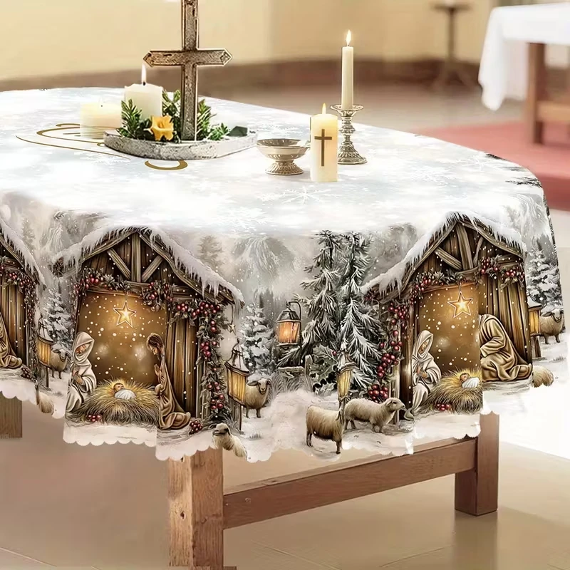 

1 Piece Merry Christmas Themed Tablecloth Christmas Atmosphere Nativity Scene Dining Table Cover Christmas Party Home Decoration